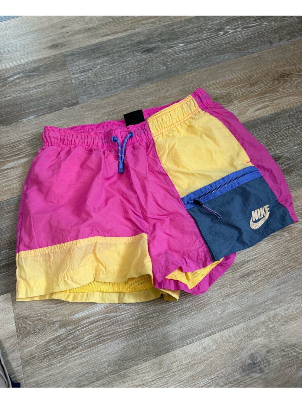 Nike Pink Yellow and Navy Colorblock Kids Athletic Shorts